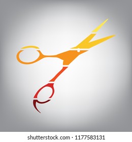 Hair cutting scissors sign. Vector. Horizontally sliced icon with colors from sunny gradient in gray background.
