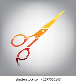 Hair cutting scissors sign. Vector. Horizontally sliced icon with colors from sunny gradient in gray background.