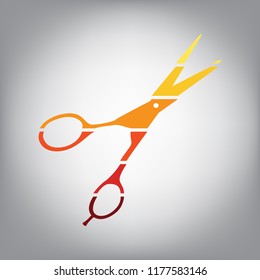 Hair cutting scissors sign. Vector. Horizontally sliced icon with colors from sunny gradient in gray background.