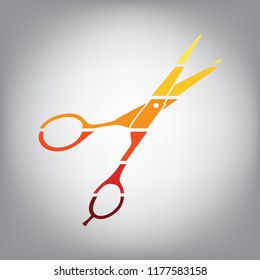 Hair cutting scissors sign. Vector. Horizontally sliced icon with colors from sunny gradient in gray background.