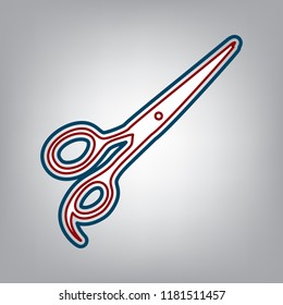 Hair cutting scissors sign. Vector. Dark red, transparent and midnight green stroke of white icon at grayish background.