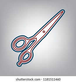 Hair cutting scissors sign. Vector. Dark red, transparent and midnight green stroke of white icon at grayish background.