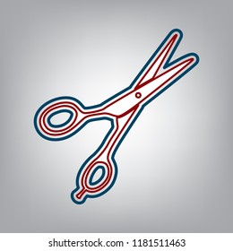 Hair cutting scissors sign. Vector. Dark red, transparent and midnight green stroke of white icon at grayish background.
