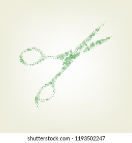 Hair cutting scissors sign. Vector. Green hexagon rastered icon and noised opacity and size at light green background with central light.