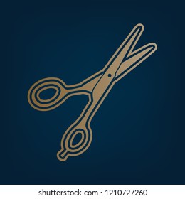 Hair cutting scissors sign. Vector. Golden icon and border at dark cyan background.