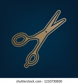Hair cutting scissors sign. Vector. Golden icon and border at dark cyan background. Illustration.