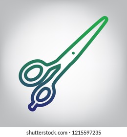 Hair cutting scissors sign. Vector. Green to blue gradient contour icon at grayish background with light in center.