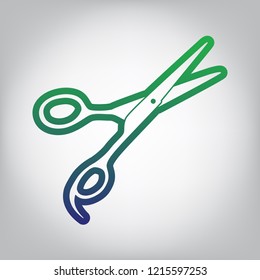 Hair cutting scissors sign. Vector. Green to blue gradient contour icon at grayish background with light in center.