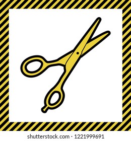 Hair cutting scissors sign. Vector. Warm yellow icon with black contour in frame named as under construction at white background. Isolated.