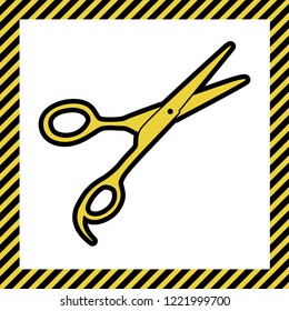 Hair cutting scissors sign. Vector. Warm yellow icon with black contour in frame named as under construction at white background. Isolated.