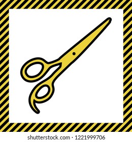 Hair cutting scissors sign. Vector. Warm yellow icon with black contour in frame named as under construction at white background. Isolated.