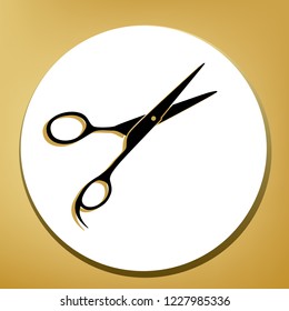 Hair cutting scissors sign. Vector. Black icon with light brown shadow in white circle with shaped ring at golden background.