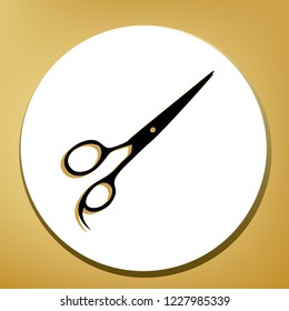 Hair cutting scissors sign. Vector. Black icon with light brown shadow in white circle with shaped ring at golden background.