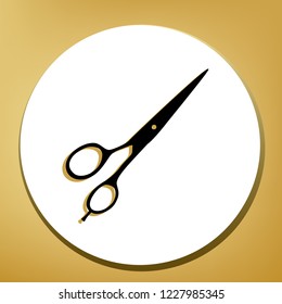 Hair cutting scissors sign. Vector. Black icon with light brown shadow in white circle with shaped ring at golden background.