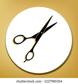 Hair cutting scissors sign. Vector. Black icon with light brown shadow in white circle with shaped ring at golden background.