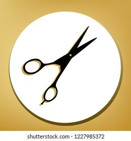Hair cutting scissors sign. Vector. Black icon with light brown shadow in white circle with shaped ring at golden background.