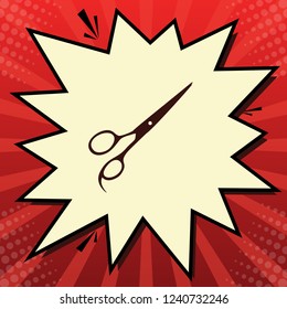 Hair cutting scissors sign. Vector. Dark red icon in lemon chiffon shutter bubble at red popart background with rays.