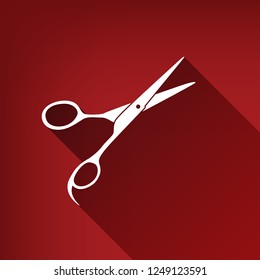 Hair cutting scissors sign. Vector. White icon with limitless shadow at ruby red background.