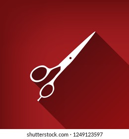 Hair cutting scissors sign. Vector. White icon with limitless shadow at ruby red background.