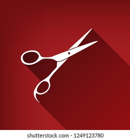 Hair cutting scissors sign. Vector. White icon with limitless shadow at ruby red background.
