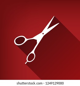 Hair cutting scissors sign. Vector. White icon with limitless shadow at ruby red background.