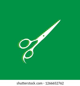Hair cutting scissors sign. Vector. White flat icon with yellow striped shadow at green background.