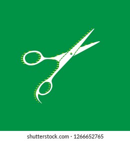 Hair cutting scissors sign. Vector. White flat icon with yellow striped shadow at green background.