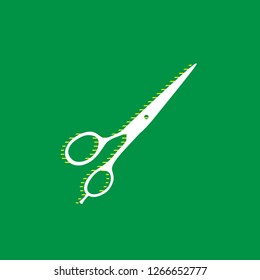 Hair cutting scissors sign. Vector. White flat icon with yellow striped shadow at green background.