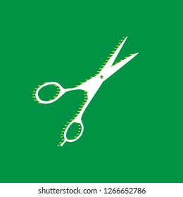 Hair cutting scissors sign. Vector. White flat icon with yellow striped shadow at green background.