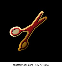 Hair cutting scissors sign. Vector. Red icon with small black and limitless shadows at golden sticker on black background.