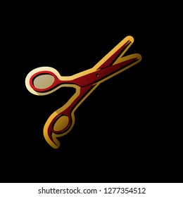 Hair cutting scissors sign. Vector. Red icon with small black and limitless shadows at golden sticker on black background.