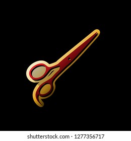 Hair cutting scissors sign. Vector. Red icon with small black and limitless shadows at golden sticker on black background.