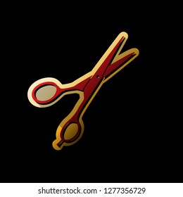 Hair cutting scissors sign. Vector. Red icon with small black and limitless shadows at golden sticker on black background.