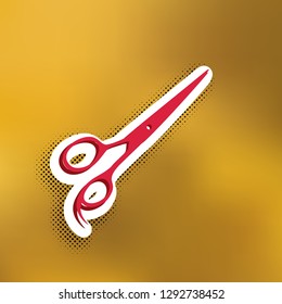 Hair cutting scissors sign. Vector. Magenta icon with darker shadow, white sticker and black popart shadow on golden background.