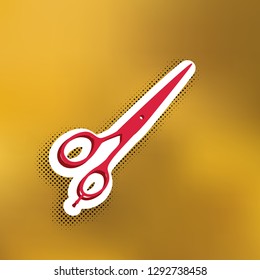 Hair cutting scissors sign. Vector. Magenta icon with darker shadow, white sticker and black popart shadow on golden background.