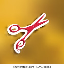 Hair cutting scissors sign. Vector. Magenta icon with darker shadow, white sticker and black popart shadow on golden background.