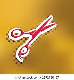 Hair cutting scissors sign. Vector. Magenta icon with darker shadow, white sticker and black popart shadow on golden background.