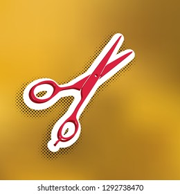 Hair cutting scissors sign. Vector. Magenta icon with darker shadow, white sticker and black popart shadow on golden background.