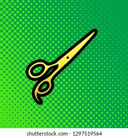 Hair cutting scissors sign. Vector. Pop art orange to yellow dots-gradient icon with black contour at greenish background.
