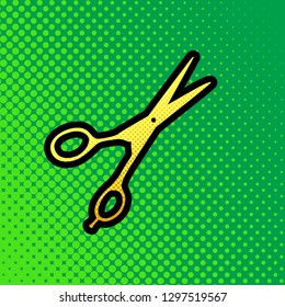 Hair cutting scissors sign. Vector. Pop art orange to yellow dots-gradient icon with black contour at greenish background.