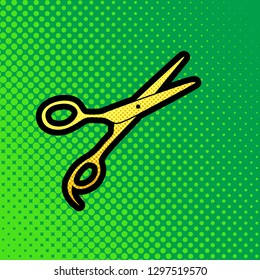 Hair cutting scissors sign. Vector. Pop art orange to yellow dots-gradient icon with black contour at greenish background.