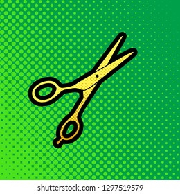 Hair cutting scissors sign. Vector. Pop art orange to yellow dots-gradient icon with black contour at greenish background.