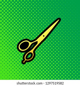 Hair cutting scissors sign. Vector. Pop art orange to yellow dots-gradient icon with black contour at greenish background.