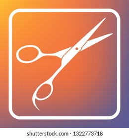Hair cutting scissors sign. Vector. White icon on transparent button at orange-violet gradient background.
