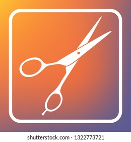 Hair cutting scissors sign. Vector. White icon on transparent button at orange-violet gradient background.