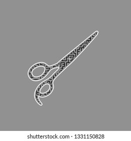 Hair cutting scissors sign. Vector. Black maze filled icon with white border at gray background.