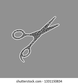 Hair cutting scissors sign. Vector. Black maze filled icon with white border at gray background.