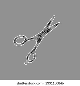 Hair cutting scissors sign. Vector. Black maze filled icon with white border at gray background.