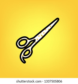Hair cutting scissors sign. Vector. Yellow polka dot white icon with black contour at warm yellow background.