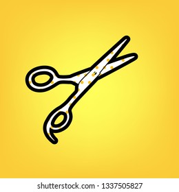 Hair cutting scissors sign. Vector. Yellow polka dot white icon with black contour at warm yellow background.